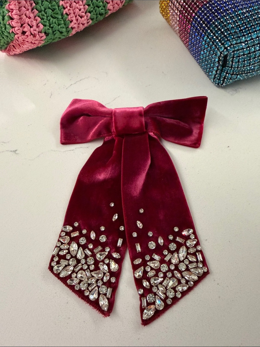 Mignonne Gavigan Burgundy Velvet Bow Clip with Crystal Embellishments